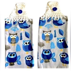 Hand Crafted Blue and White Owls Hanging Kitchen Hand Towels Crochet Top